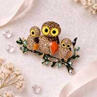 Owl Brooch, Rhinestone Owl Family Pin, Woodland Bird Jewelry, Cottagecore Accessory, Nature Lover Gi