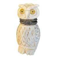 Vintage White Stone Carved Owl Trinket Box Hinged Metal Jewelry Snuff Box