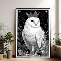 Majestic Owl Crown Canvas, Black White Bird Art, Mystical Nature Wall Art, Constellation Background