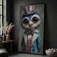 Whimsical Owl Portrait Canvas, Vintage Style Animal Art, Owl with Glasses and Patriotic Hat, Eclecti