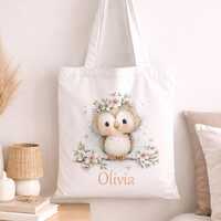 Personalised Owl Tote Bag: Woodland Baby Animal Cotton Nursery Bag (42x38 cm)