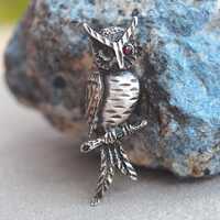 Owl with garnet eyes vintage silver brooch