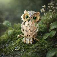 Owl Brooch, Serendipity Jewelry, Green Crystal Eyes Pin, Gold Vintage Owl Pin, Lucky Gift for Her, E