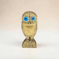 Vintage Solid Brass Owl Figurine, Hand-Painted Blue Eyes Miniature Statue