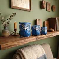Set of 3 Hand-Carved Wooden Blue Owl Figurines, Rustic Bohemian Decor
