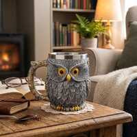 Handmade Owl Mug, Detailed Bronze Coffee Cup, Stainless Steel Liner, Rustic Boho Animal Lover
