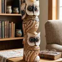 Hand-Carved Wooden Owl Totem Statue &ndash; Set of 3 Folk Art Home Decor