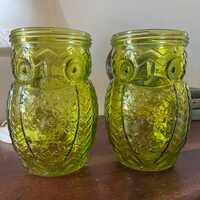 Pair Green Glass Owl Canning Jars | Vintage Honey Storage Drinkware