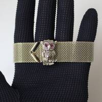 Vintage 1972 Silver Mesh Owl Bracelet, Adjustable with Purple Stone Eyes by Sarah Coventry, Excellen