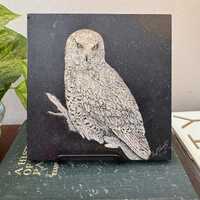 Vintage Snowy Owl Etched Slate Art Tile Signed Wildlife American Studio Craft Ray M Swartz 1970