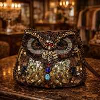 Vintage Style Beaded Owl Evening Bag Sequin Jeweled Top Handle Purse Statement Handbag
