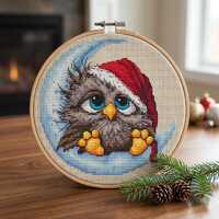 Drowsy Owl on Moon Cross Stitch PDF, Santa Hat Bird Pattern, Holiday Winter Nursery Decor, Cute Bird