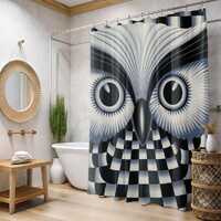 Monochrome Geometric Owl Shower Curtain | Black White Checkerboard