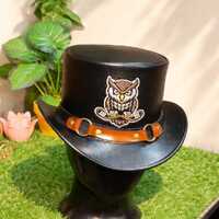 Steampunk Leather Top Hat with Owl Patch &ndash; Gothic Western Festival Cosplay Hat