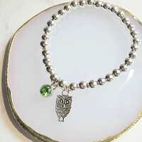 Silver Owl charm bracelet, Sterling Silver Bead bracelet, Owl pendant, Owl lover gift, bead bracelet