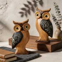 Set of Hand Painted Wooden Owl Statue, Modern Owl Decor, Minimalist Bird Sculpture, Rustic Desk Orna