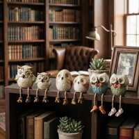 Handmade Ceramic Owl Shelf Sitters, Whimsical Dangling Legs Sculpture, Home Decor Ornament