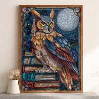 Wisdom Owl on Antique Books Stained Glass Puzzle, Midnight Moon Library Art, 300/500/1000 Piece Wood
