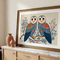 Japanese Style Barn Owl Art Print, Vintage Woodblock Owl Poster, Folk Art Nature Wall Decor