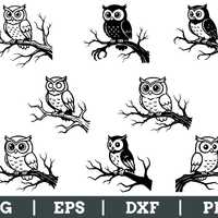 Owl Sitting on Tree Branch Svg, Dxf, Png