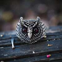 Sterling Silver Owl Ring, Red Garnet Eyes, Gothic Statement Jewelry