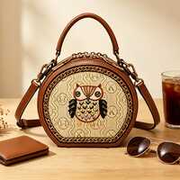 Leather Round Crossbody Bag, Owl Embroidery, Vintage Monogram Shoulder Purse