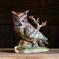 Large Vintage Enesco Owl Figurine, Kitschy Fall Mantel Decor, Great Horned Owl on Branch, Collector 