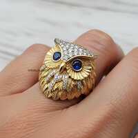 Antique Blue Eyes Owl Ring, Blue Sapphire & White Round Cut Party Wear Ring, Unique Bird Inspire