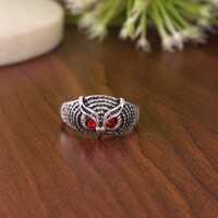 Owl Ring, Silver Owl Ring, Garnet Ring, Artistic Ring, Garnet Eyes, Natural Garnet, January Birthsto