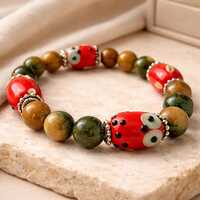 Hand‑Beaded Owl Bracelet &bull; Whimsical Red & Green Bead Bracelet &bull; Cute Nature‑Inspi