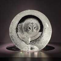 Mats Jonasson Signed Etched Swedish Crystal Snow Owls Art Glass Paperweight
