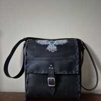 Blue Leather Shoulder Bag: Owl Embroidery, LARP Costume, Festival Clothing