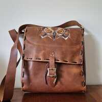 Brown Leather Shoulder Bag: Owl Embroidery, LARP Costume, Festival Clothing