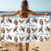 OWLS TOWEL, Personalized Barn Owl Towel Gift, Custom Name Horned Owl Beach Towel, Toddler Boy Bird T