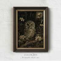 Vintage Baby Owl Forest Art Print, Dark Owlet Painting, Woodland Wildlife Artwork, Classic Moody Nur