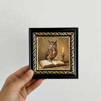 Owl Sitting on Books Oil Painting Small Framed Canvas Wall Art
