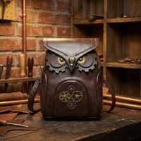 Steampunk Owl Crossbody Bag, Vintage Clockwork Gear Shoulder Purse, Brown Vegan Leather Bird Messeng