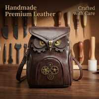 Whimsical Owl Shaped Shoulder Bag, Dark Academia Forest Bird Crossbody, Handcrafted Style Brown Leat