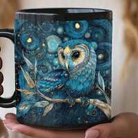Blue Night Owl Mug | Quilled Look, Black Ceramic Coffee Cup, morning coffee