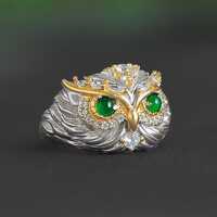 Type A Green Jadeite Owl Ring, Natural Jadeite Owl Silver Ring, S925 Sterling Silver Animal Ring, Un