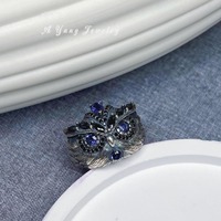 Iolite Owl Sterling Silver Ring|Deep Blue Owl Ring with Black CZ|Antique Style Animal Ring|Unique Gi