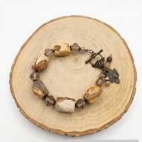 Boho Picture Jasper Beaded Bracelet with Bronze Owl Charms &ndash; Earthy Natural Stone Jewelry, Vin