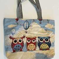 Owl Tote Bag Tapestry Large Fully Lined Zippered with Inside Pocket - Three Owls