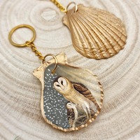 Mother and Child Keychain - Owl Keyring - Handmade shell Keyring - Seashell keychain - cottagecore k