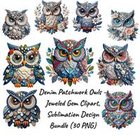 Denim Patchwork Owls &ndash; Jeweled Gem Clipart, Sublimation Design Bundle (30 PNG)