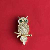 Vintage Gold Tone Owl Brooch with Green Rhinestone Eyes Statement Pin
