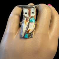 Sterling silver native style inlaid natural stone Owl ring Size 6