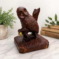 Vintage Hand Carved Wooden Owl Sculpture Signed 1981, Folk Art Wood Carving