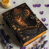 Handmade Owl Leather Journal with Lock, Vintage Grimoire