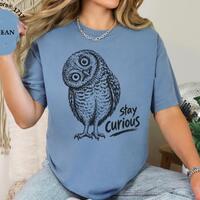 Owl Art Shirt &ndash; Stay Curious Line Drawing Minimal Wildlife Graphic Tee